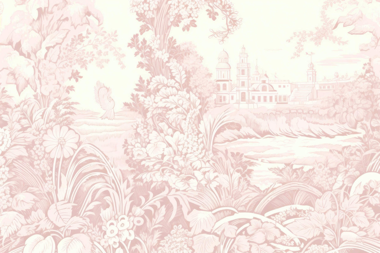 Pink Toile de Jouy pattern design file showing detailed pastoral scenes and architectural elements