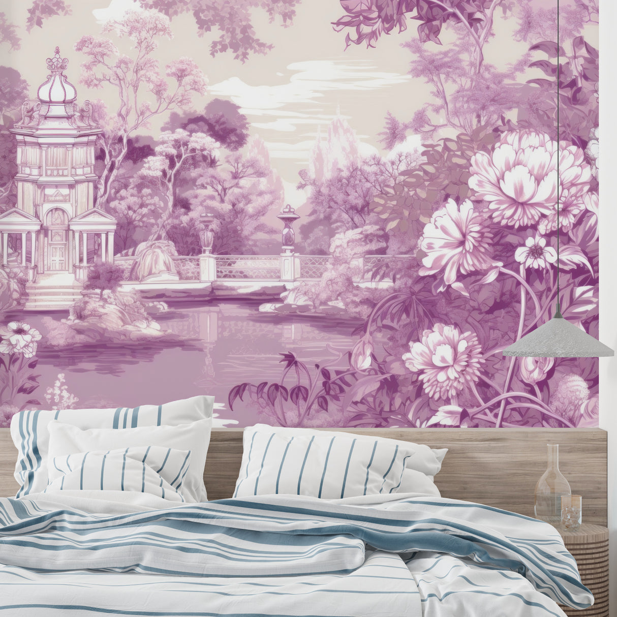 Purple Toile de Jouy wallpaper in elegant dining room showing garden scene pattern