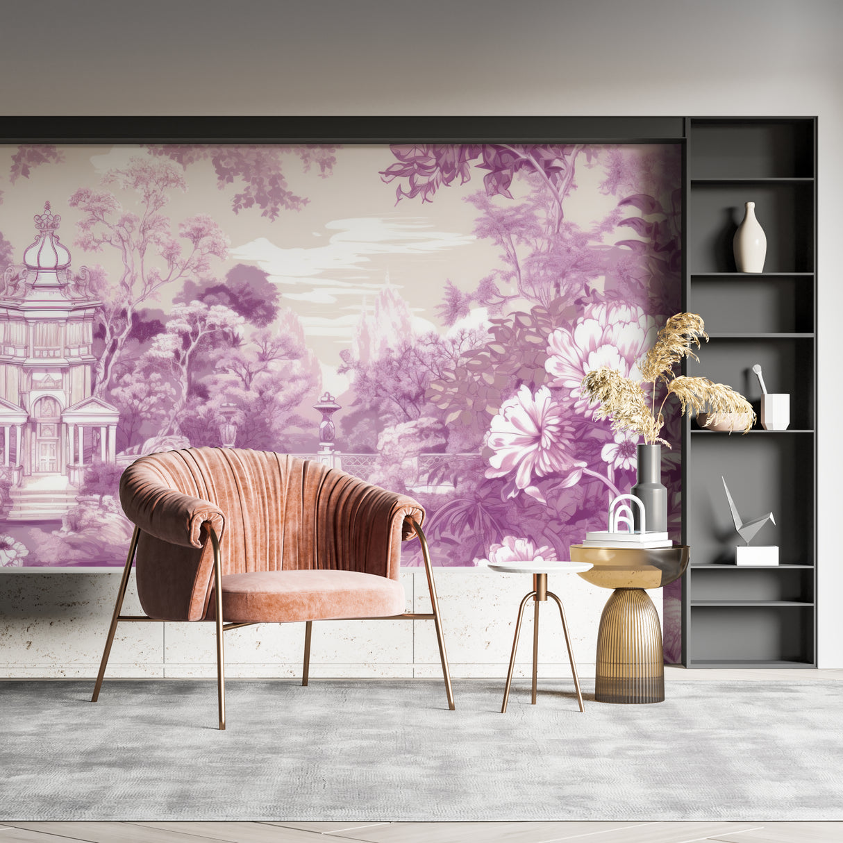 French garden toile wallpaper in master bedroom creating serene purple atmosphere