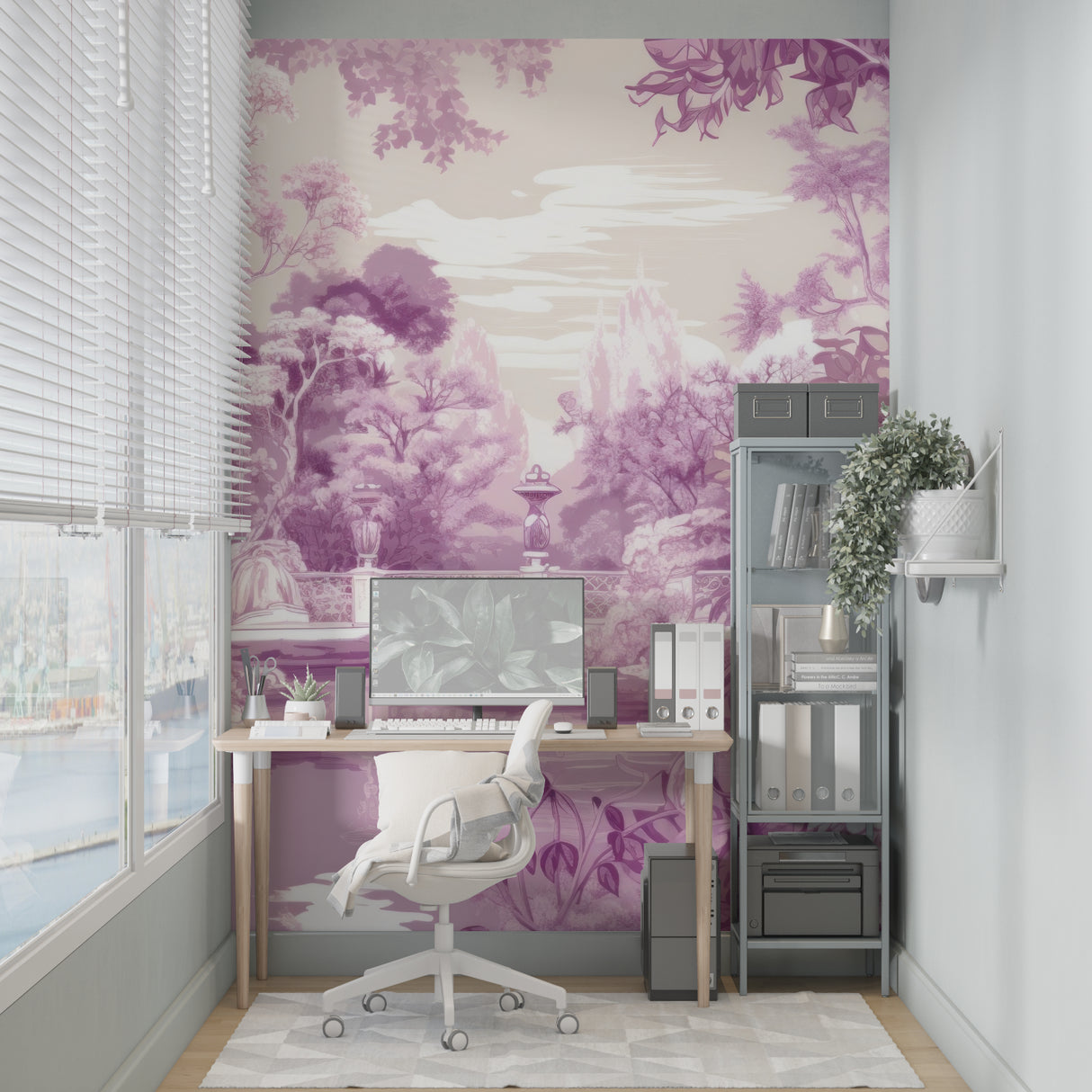 Vintage purple toile wallpaper adding sophistication to living room wall