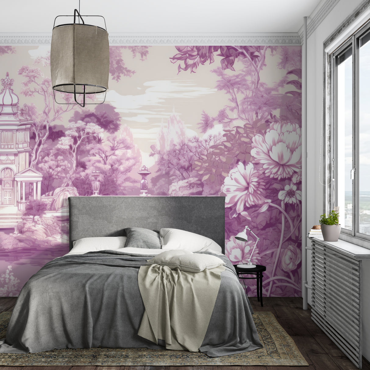 Toile de Jouy mural creating focal point in purple-themed entryway