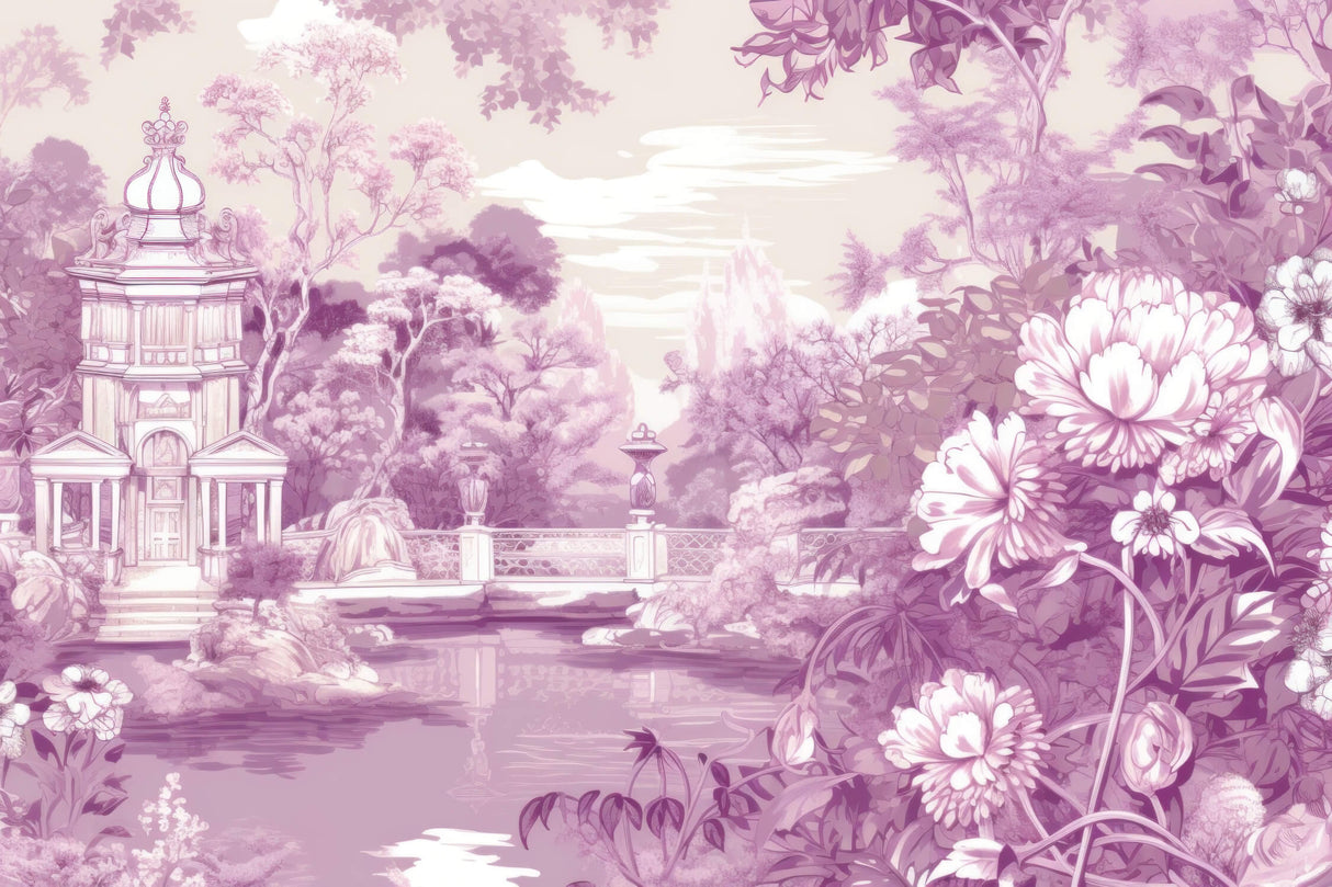 Purple Toile de Jouy garden scene design file showing intricate pattern details