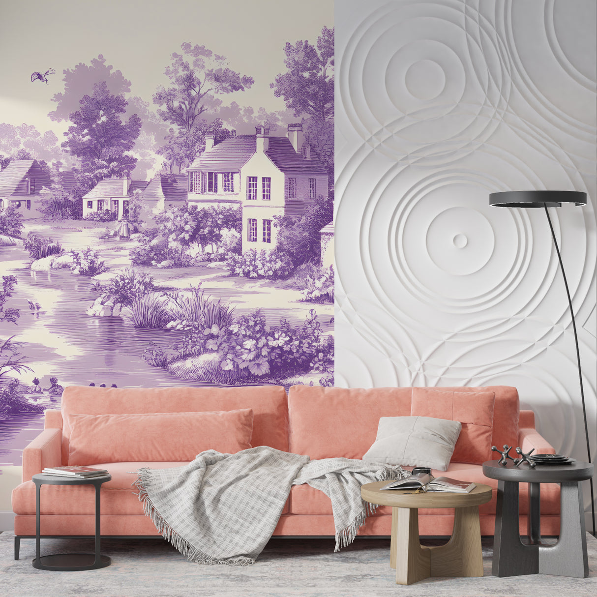 Countryside landscape wallpaper in purple tones adorning a master bedroom wall