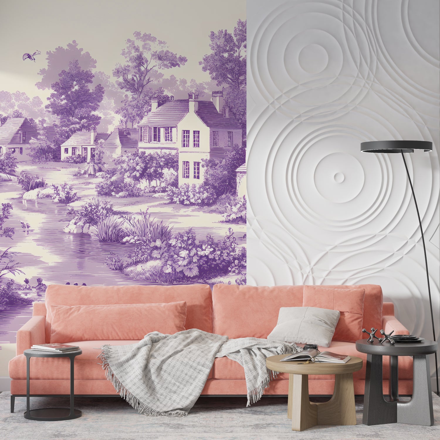 Countryside landscape wallpaper in purple tones adorning a master bedroom wall