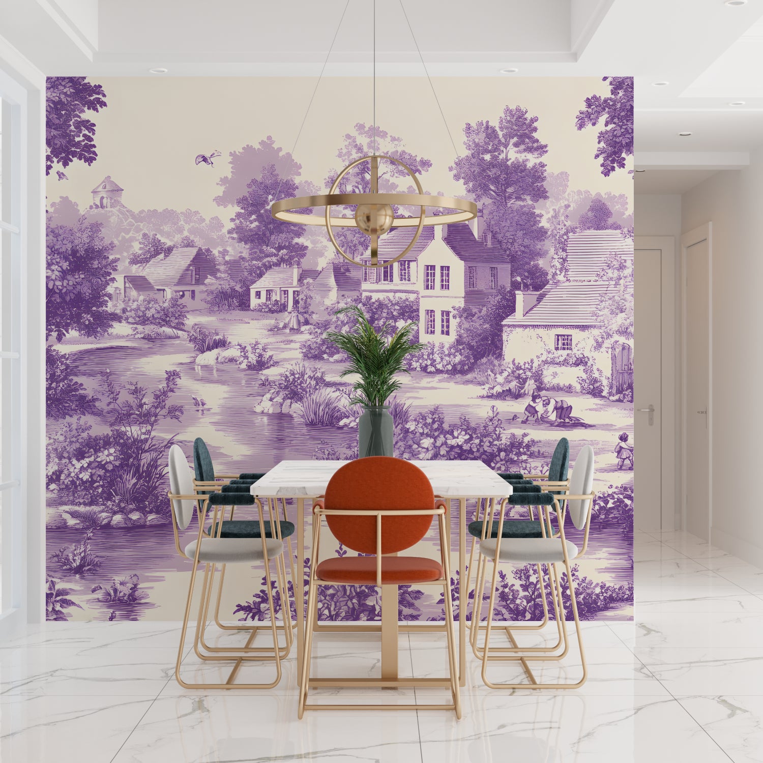 Vintage purple landscape wallpaper installation in a home office space