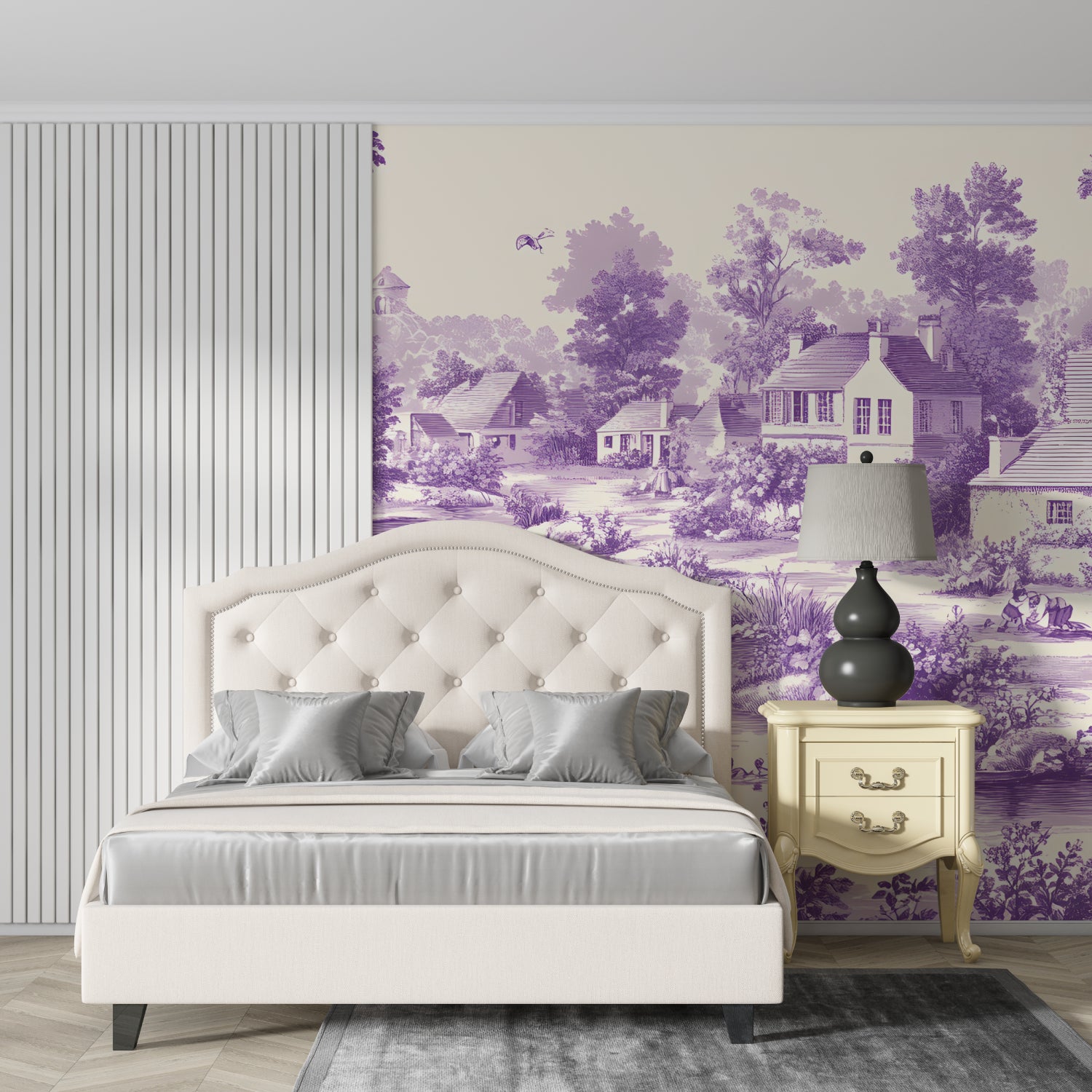 Purple countryside mural creating a focal point in an entryway