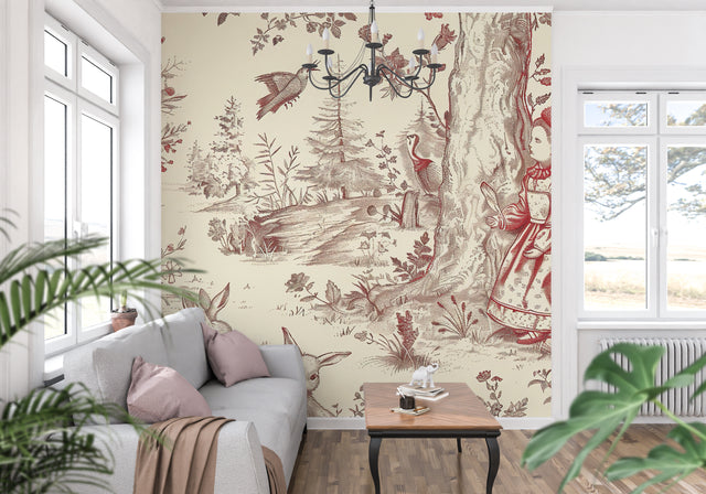 Vintage toile de jouy wallpaper in red and beige tones creating an elegant dining room atmosphere