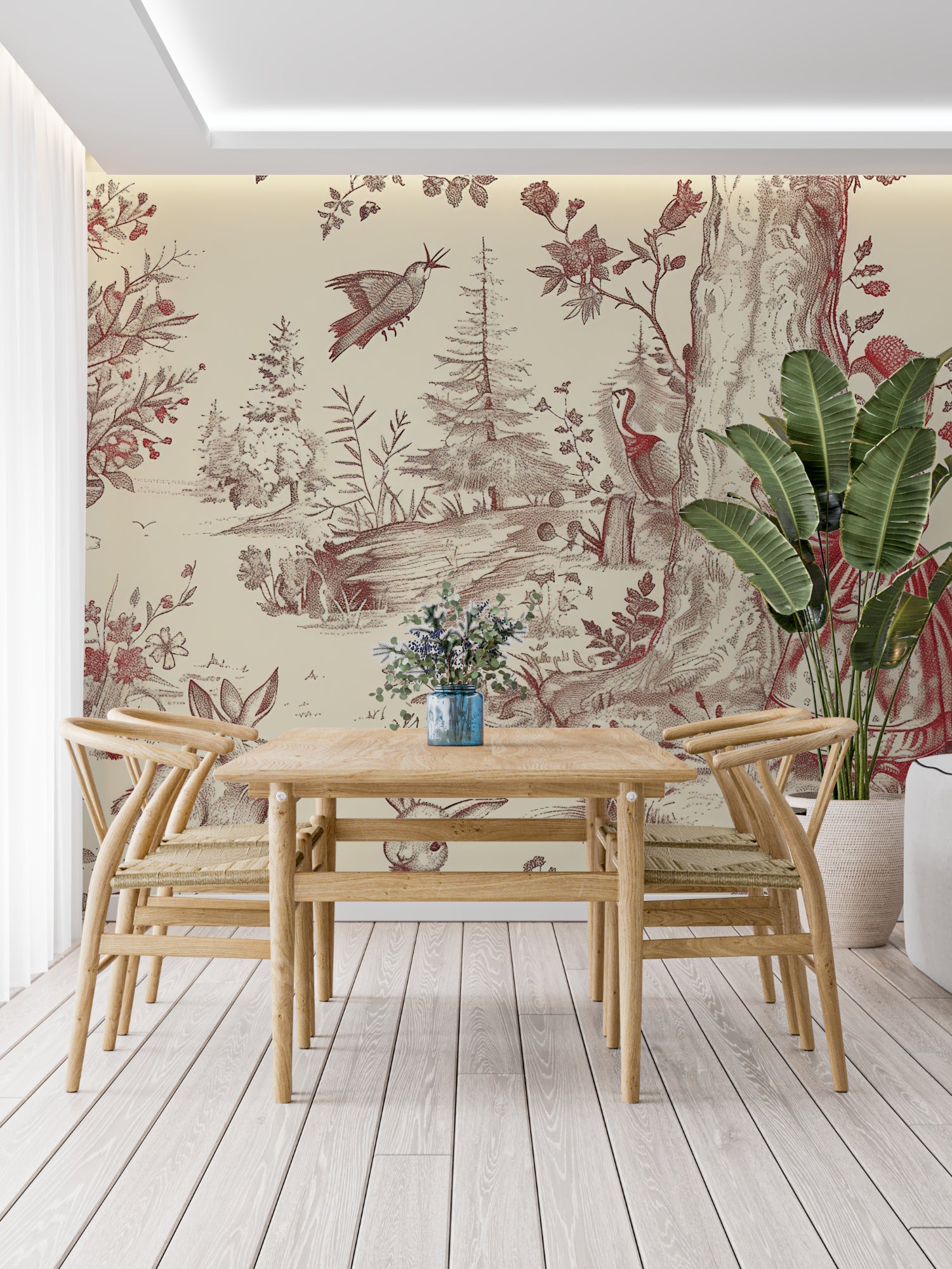 Classic red toile forest wallpaper bringing charm to a cozy living room setting