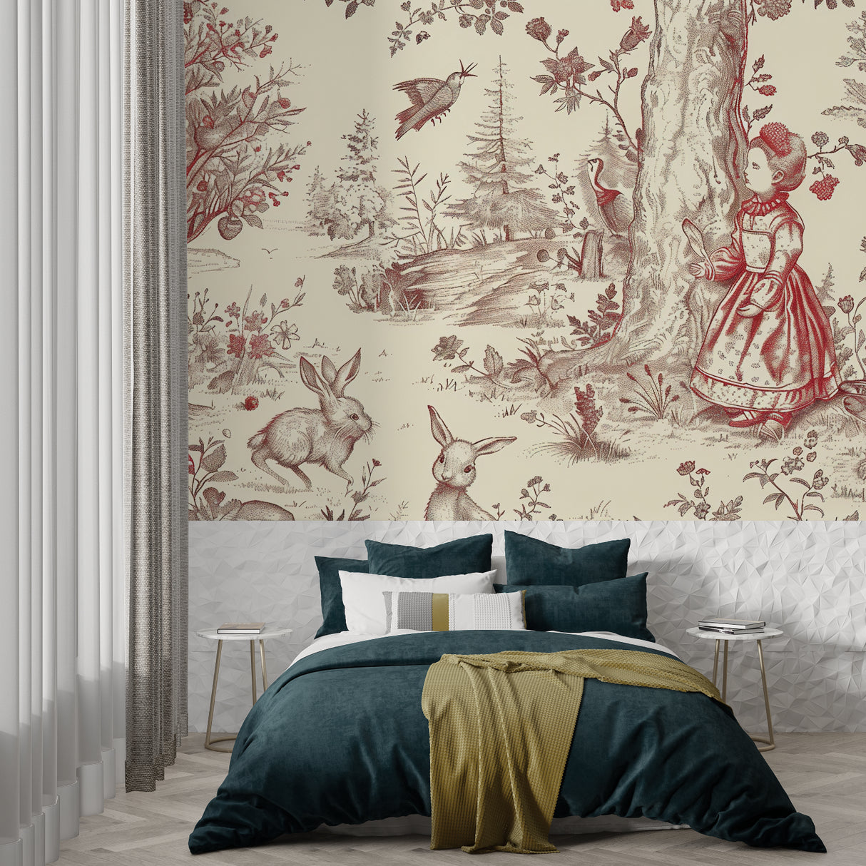 Red and beige toile pattern creating a statement wall in an entryway