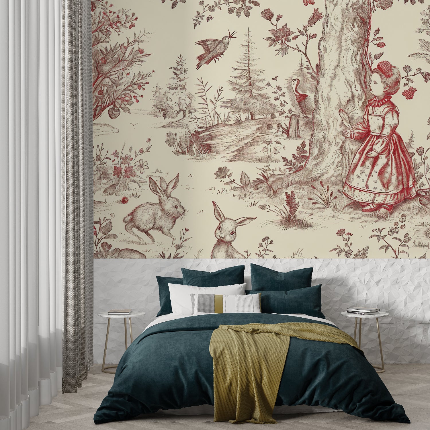 Red and beige toile pattern creating a statement wall in an entryway