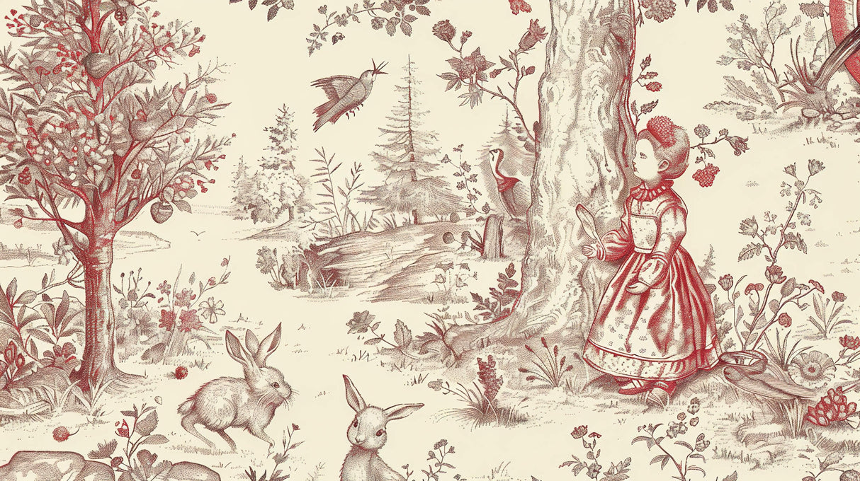 Detailed design file of red toile de jouy forest pattern with birds and botanical elements