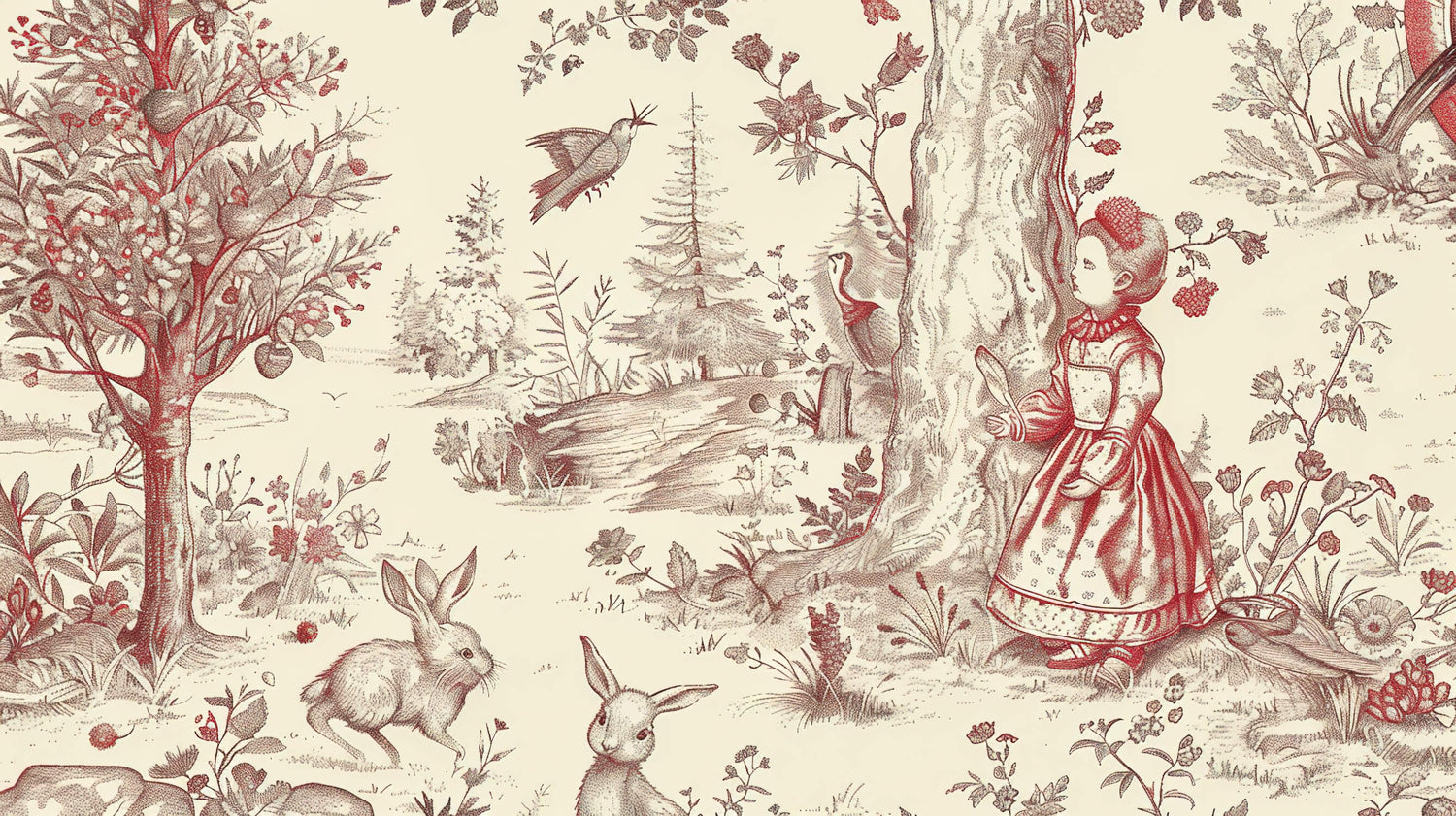 Detailed design file of red toile de jouy forest pattern with birds and botanical elements