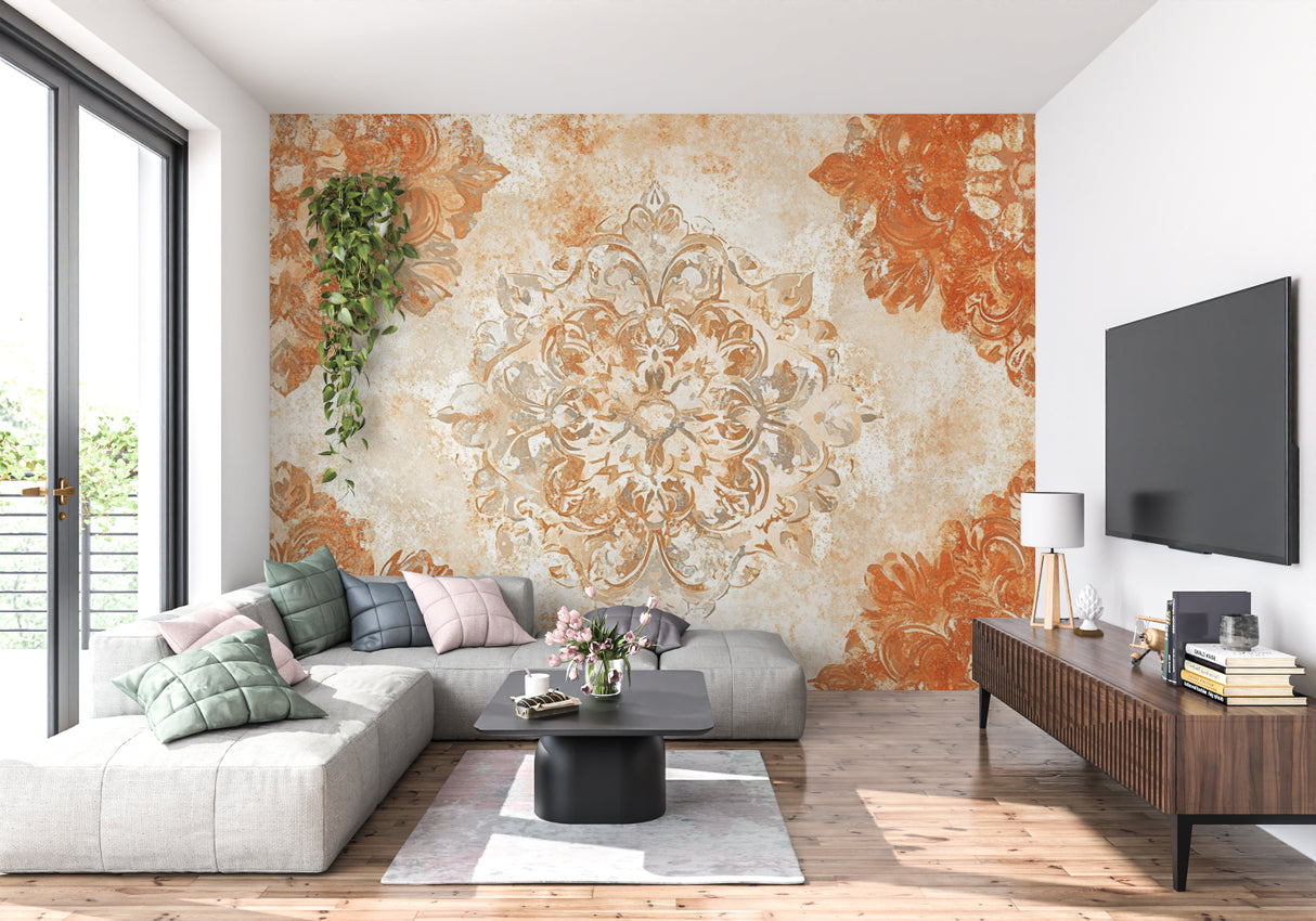 Vintage arabesque wallpaper in warm terracotta tones creating depth in a modern living room