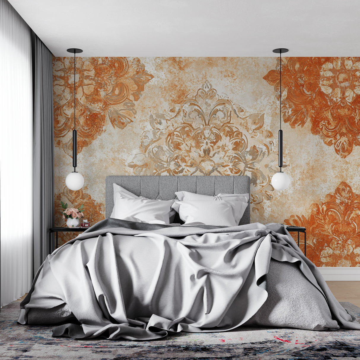 Terracotta arabesque pattern mural bringing warmth to a dining room setting