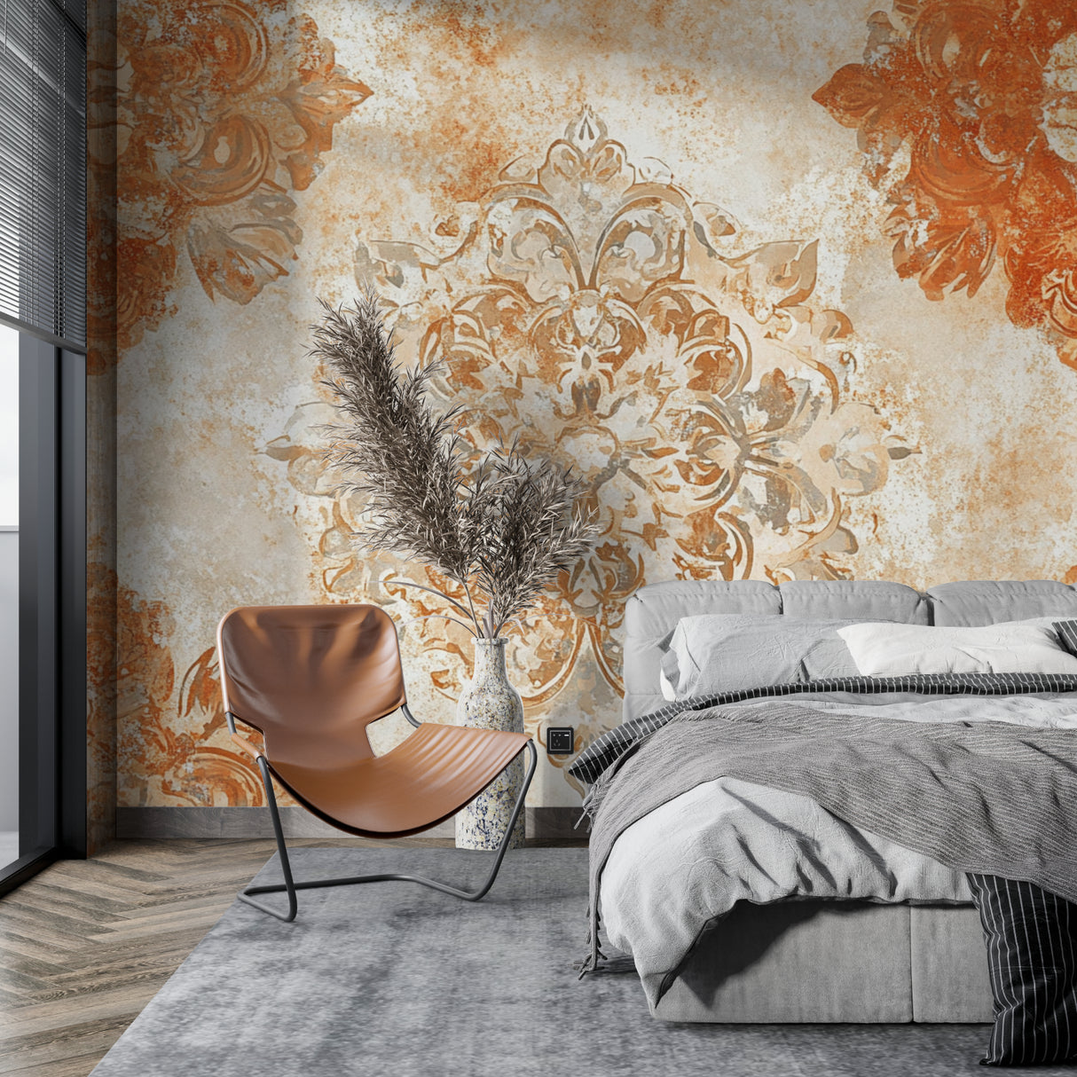 Vintage pattern wallpaper showcased in a cozy bedroom environment