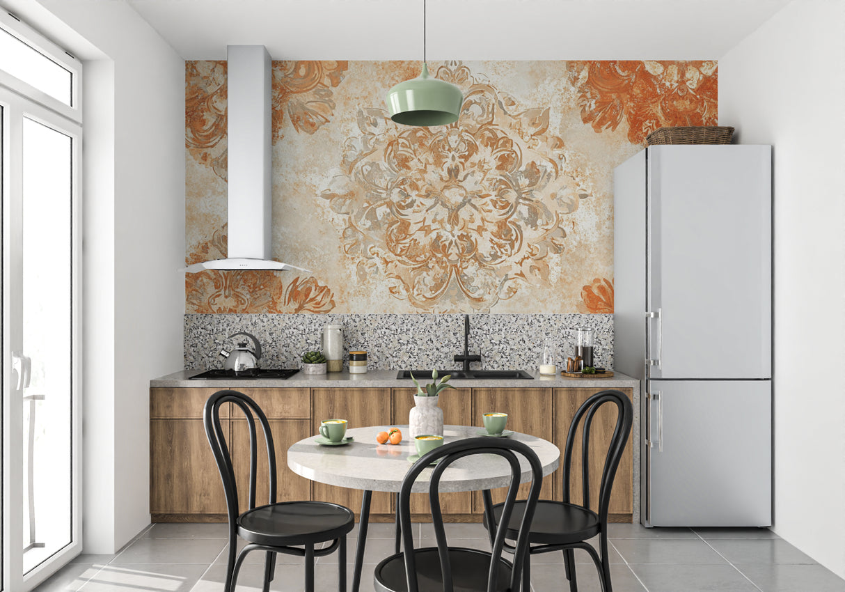 Arabesque wall mural adding character to a home office space