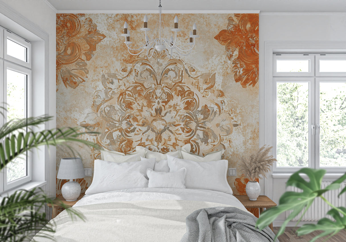 Terracotta damask wallpaper creating ambiance in an entryway
