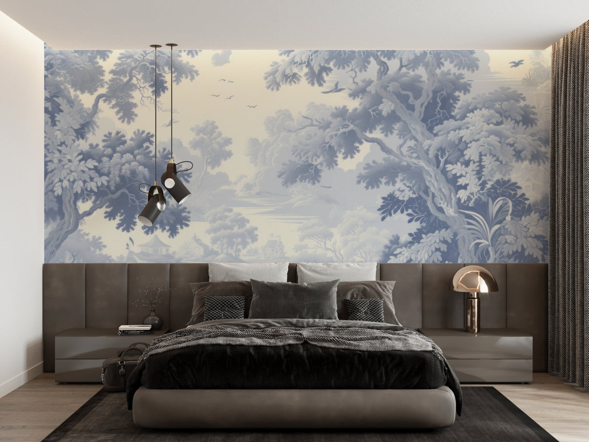 Vintage blue Toile wallpaper creating a peaceful dining room atmosphere with white trim