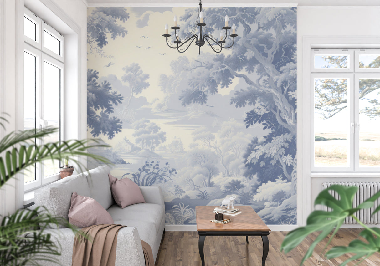 French Toile pattern mural in master bedroom with soft morning light