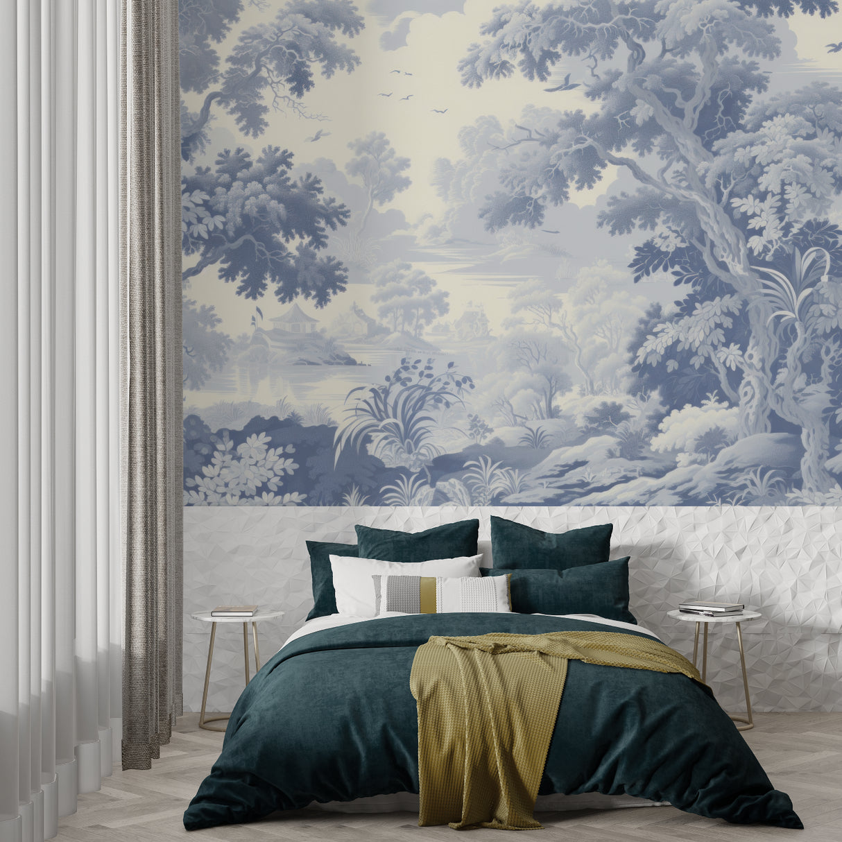 Classic blue Toile de Jouy wallpaper in powder room with brass fixtures