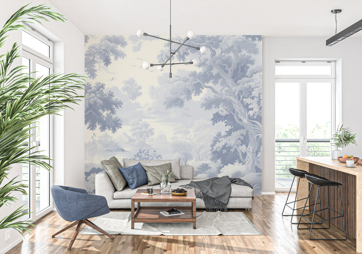 Vintage Toile wallpaper making a statement in home office with white desk