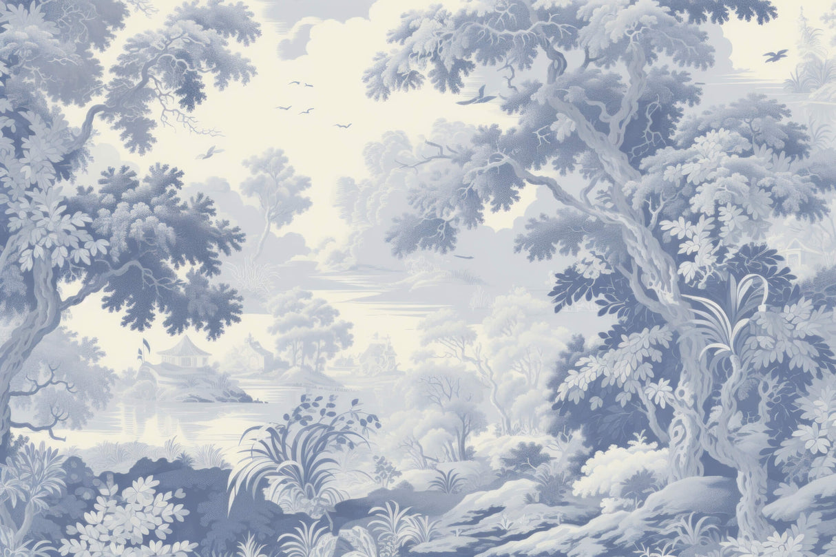 Blue Toile de Jouy pattern design file showing intricate pastoral scenes and nature motifs