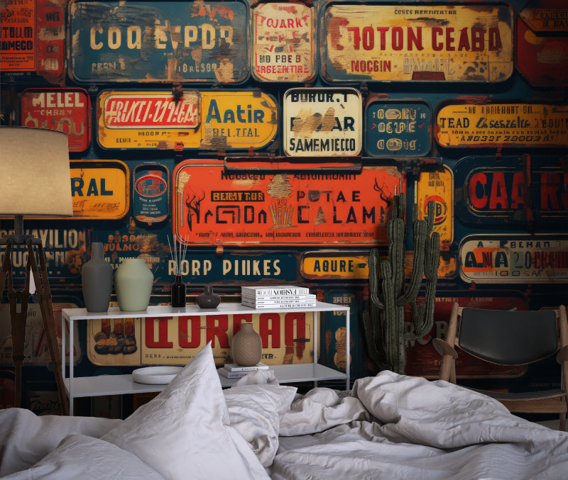 Vintage license plate wallpaper making a bold statement in modern industrial loft living room