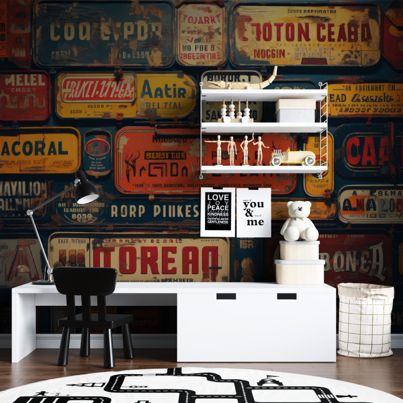 Retro license plate mural creating character in garage workshop space