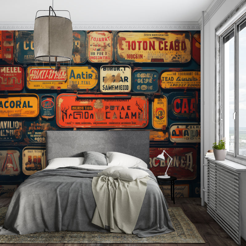 Industrial style license plate wall mural in trendy coffee shop setting