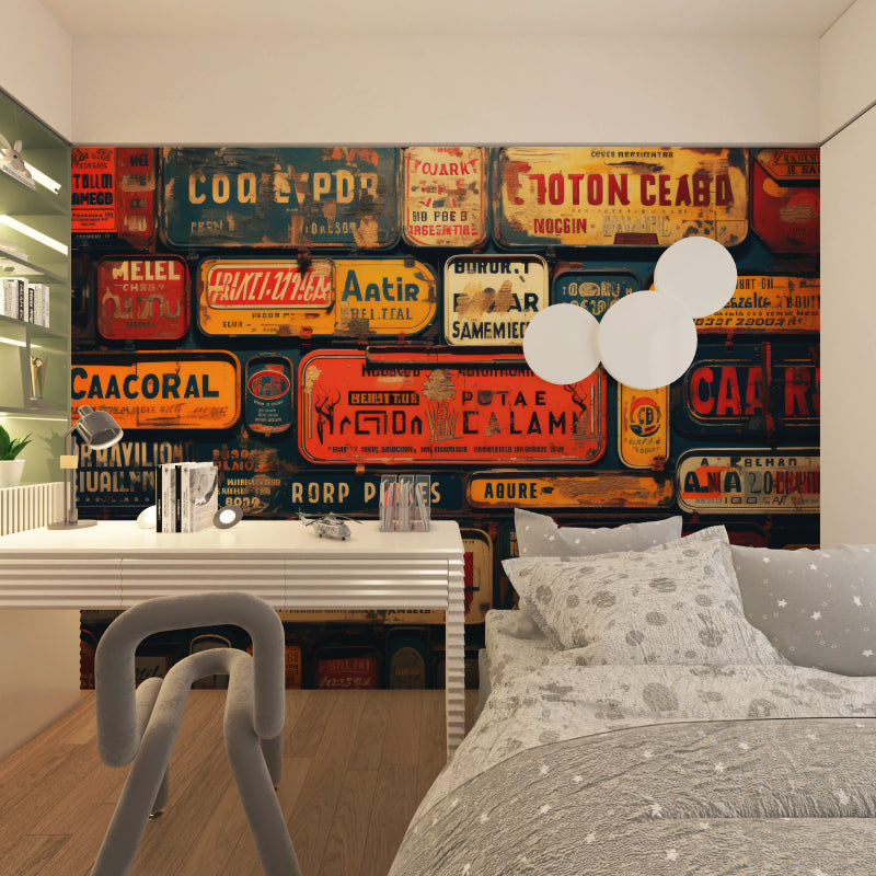 Vintage wall mural with license plates adding personality to man cave