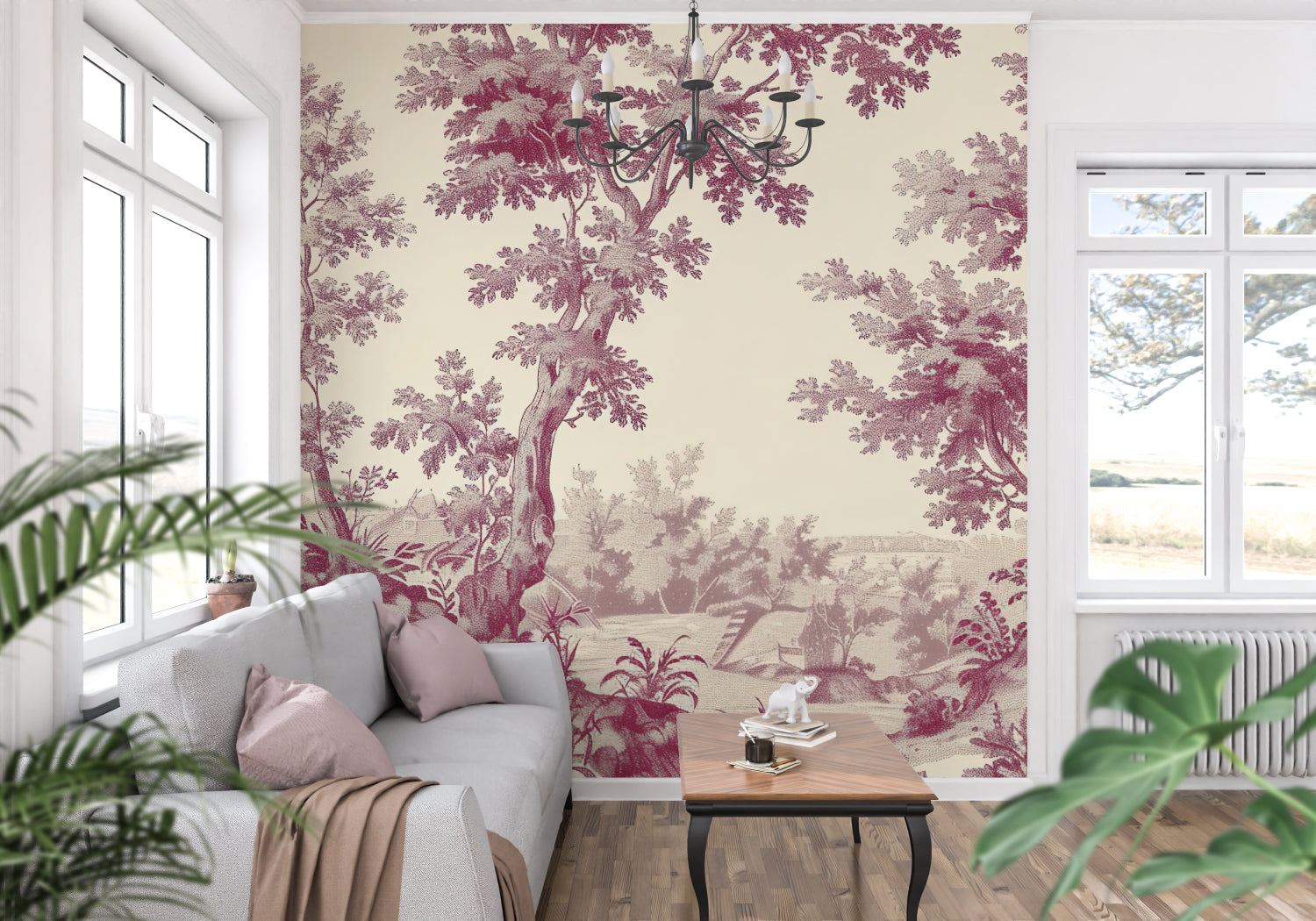 Burgundy Toile de Jouy wallpaper in an elegant dining room with classic furniture and natural light