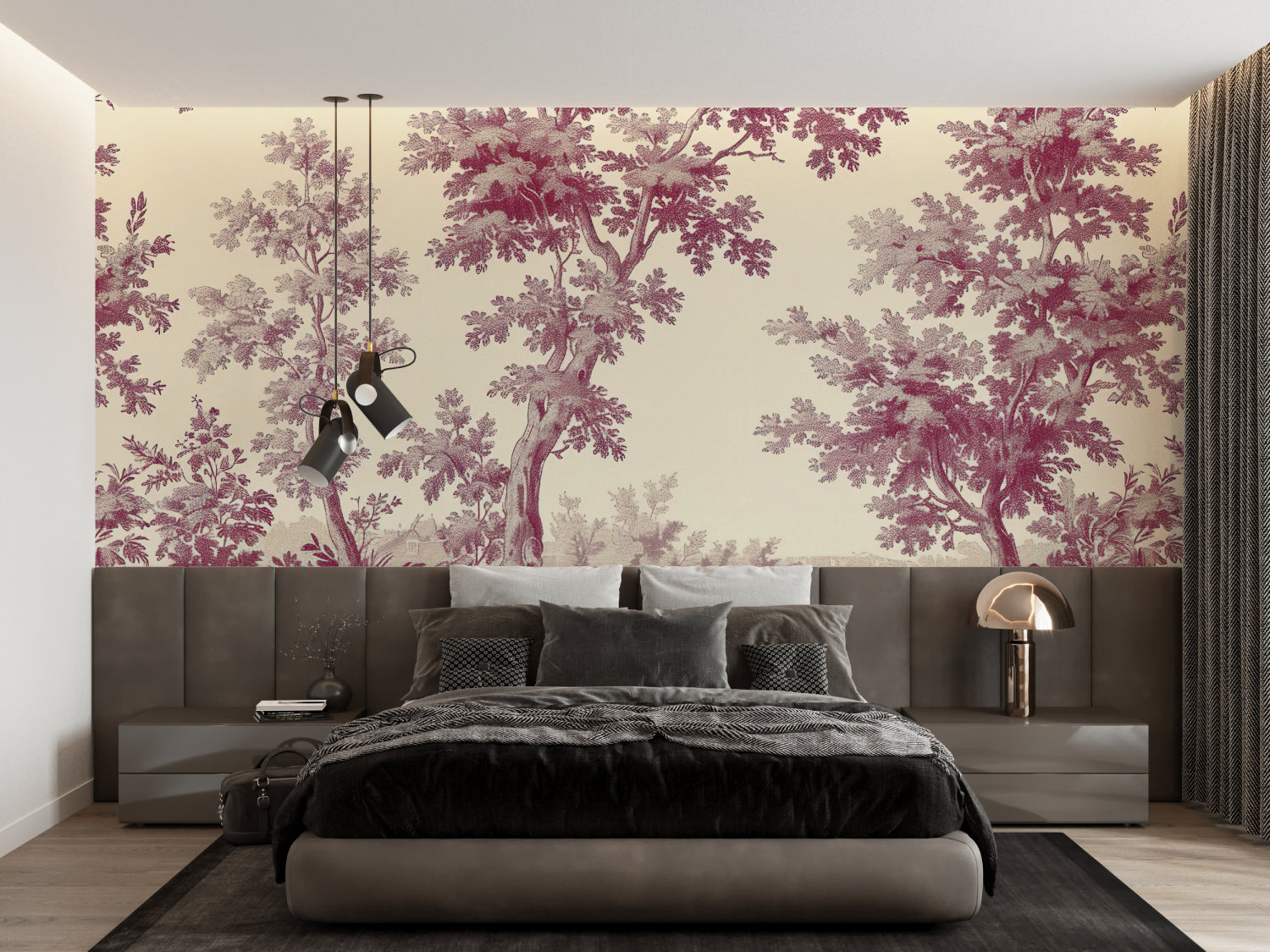 Vintage Toile wallpaper adding charm to a cozy reading nook with burgundy accents