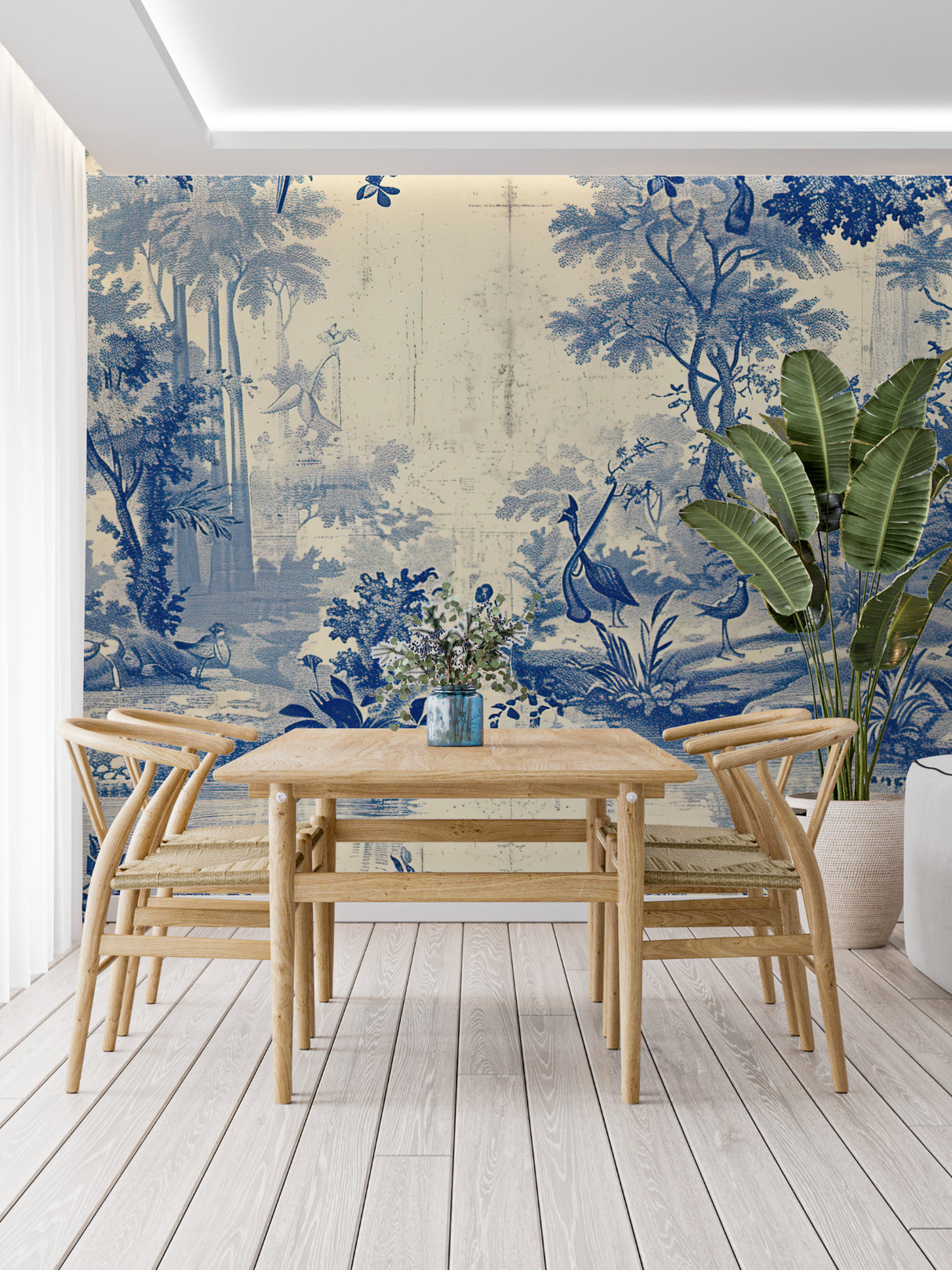 Blue toile wallpaper in bright living room showing birds and foliage pattern