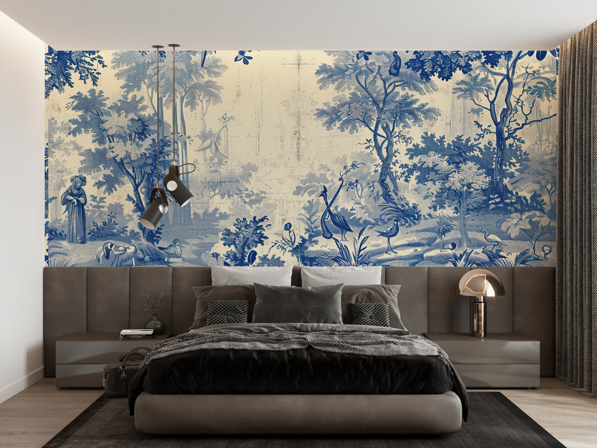 French toile mural in master bedroom with classic furniture