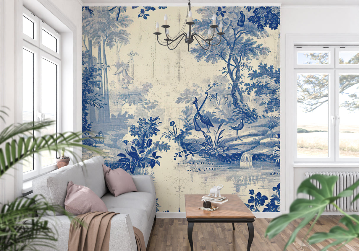 Dining room with blue and beige bird toile wallpaper creating elegant atmosphere