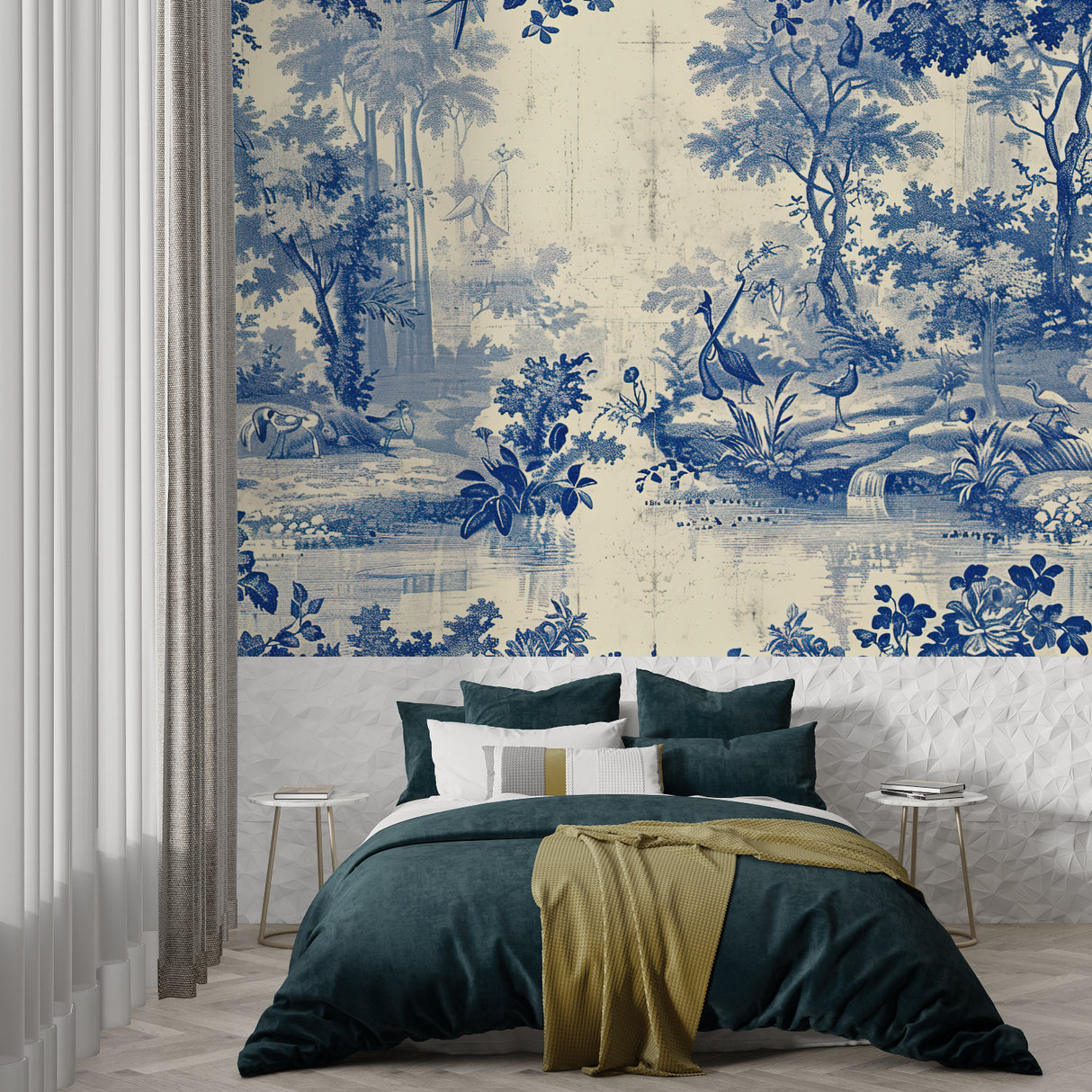 Entrance hall decorated with French countryside toile mural in blue