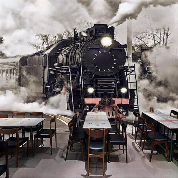 Steam locomotive mural adding industrial charm to restaurant dining area with warm lighting