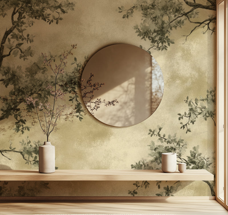 Vintage tree wallpaper creating a peaceful atmosphere in a modern living room with natural light
