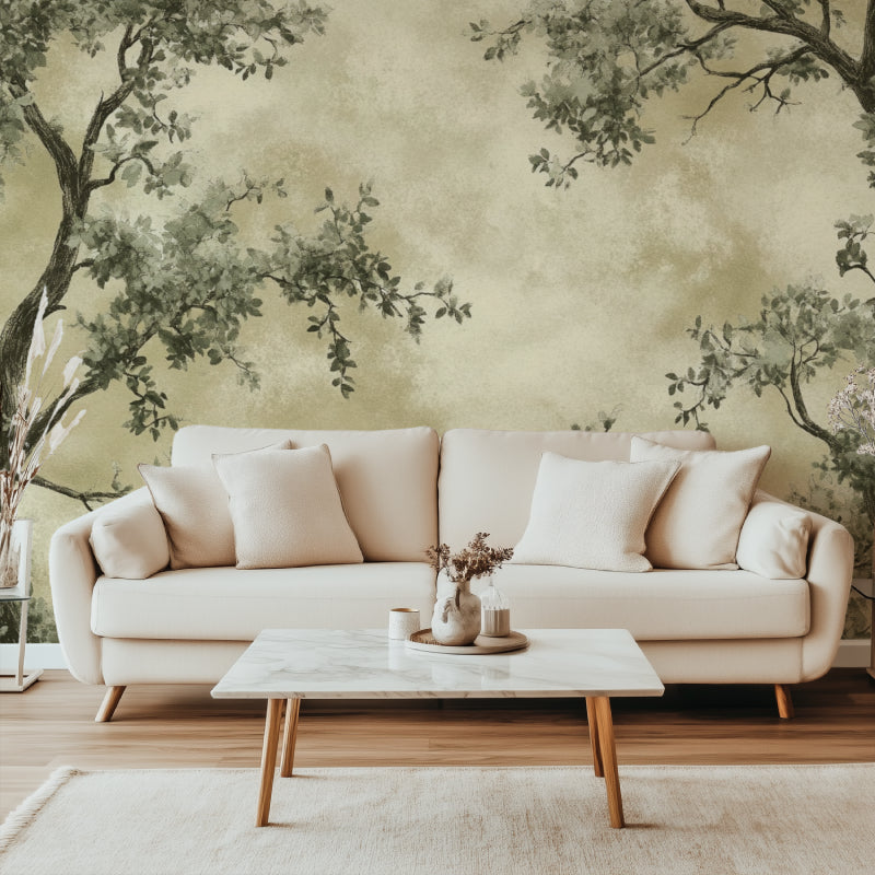 Nature-inspired tree mural enhancing a home office with soft green tones
