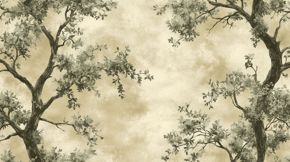 Design file showing detailed vintage tree pattern with delicate green foliage on beige background