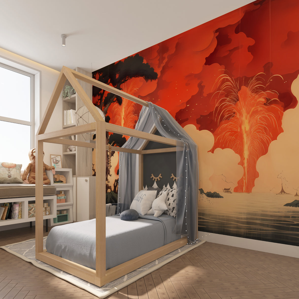 Japanese volcanic landscape wallpaper in modern living room with red accent lighting