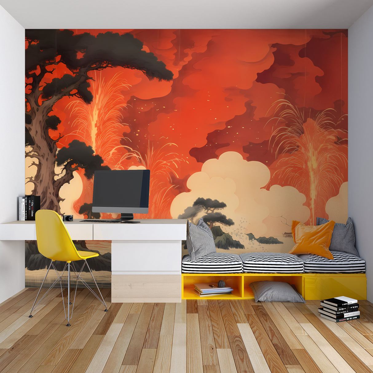 Dramatic volcano wall mural creating focal point in minimal dining space