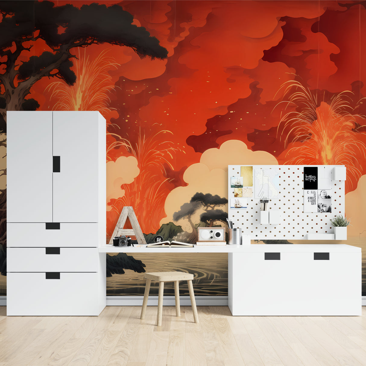 Red volcanic landscape mural adding warmth to bedroom interior