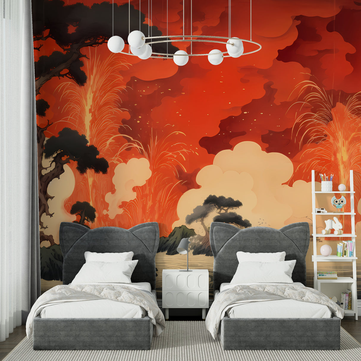 Oriental volcano wall art transforming hallway with dramatic lighting