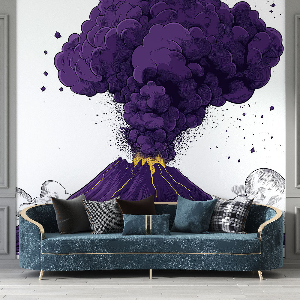 Purple and gold volcano wallpaper mural creating drama in a modern living room with minimal furniture
