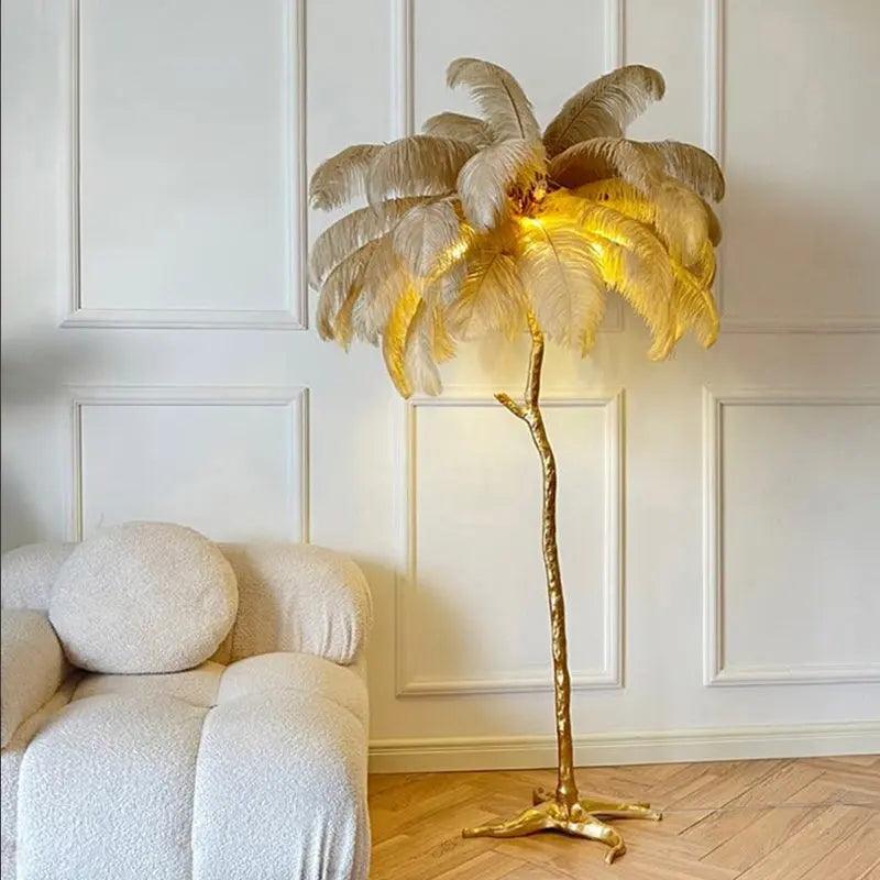 Nordic Feather Floor Lamp Pink Ostrich Plume Gold Stand - Product example