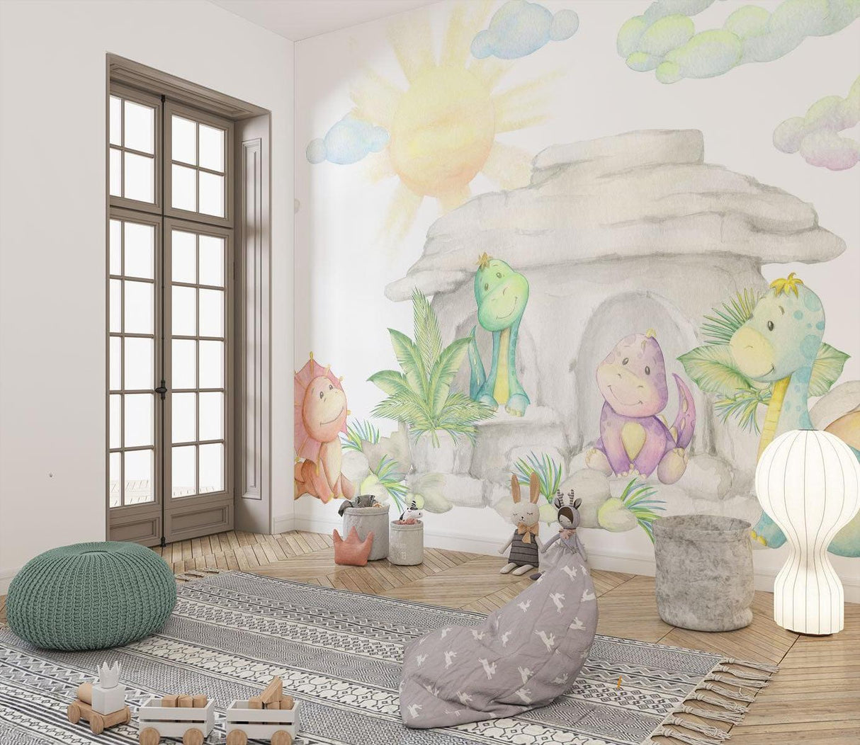 Papier Peint Mural Dinosaure | Aquarelle Pastel Caverne de Bébés Dragons