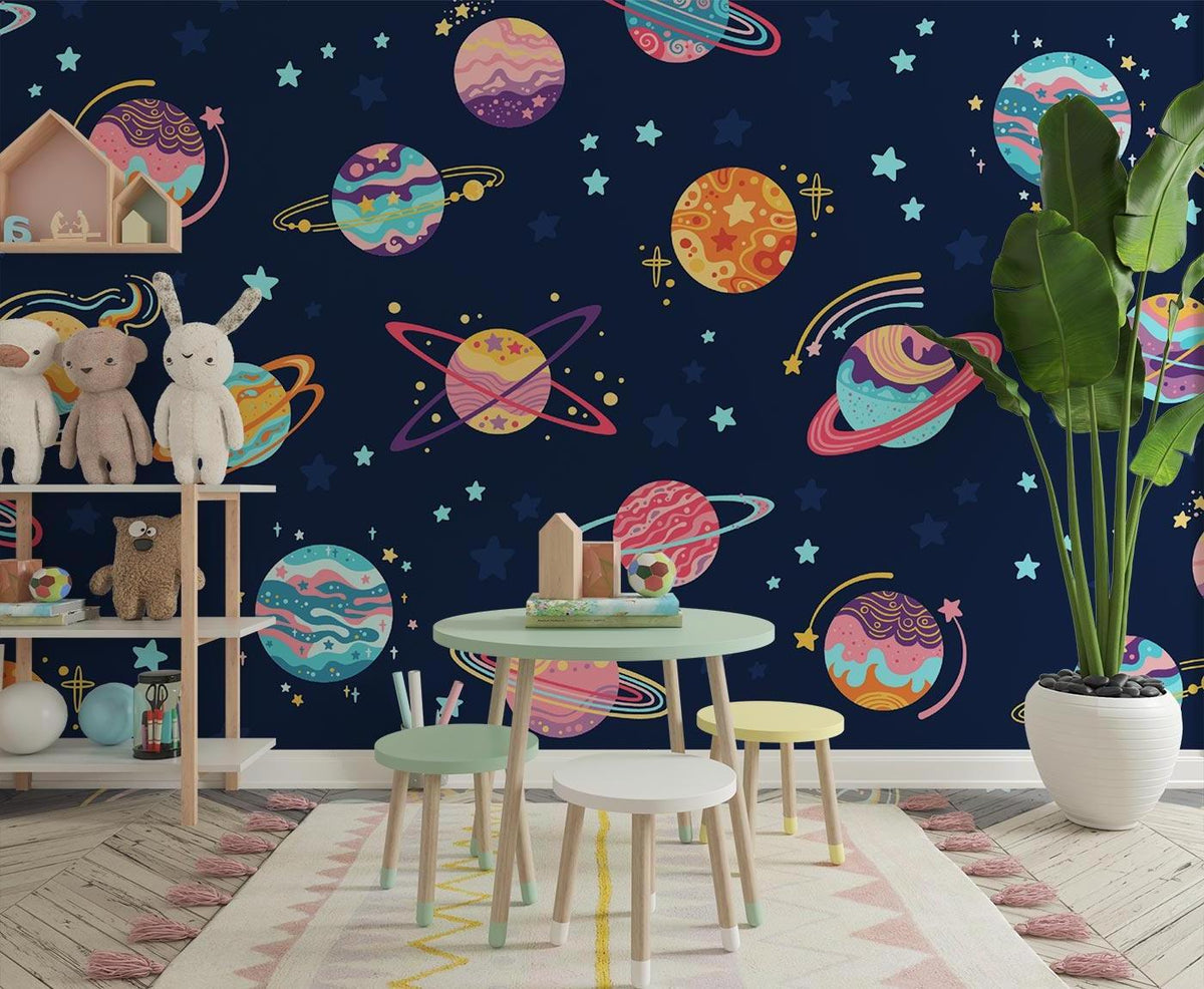 Space Mural Wallpaper | Colorful Planets and Stars Design