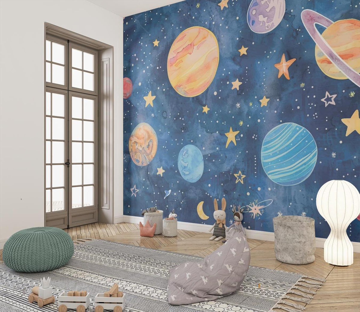 Space Mural Wallpaper | Watercolor Planets and Stars Galaxy