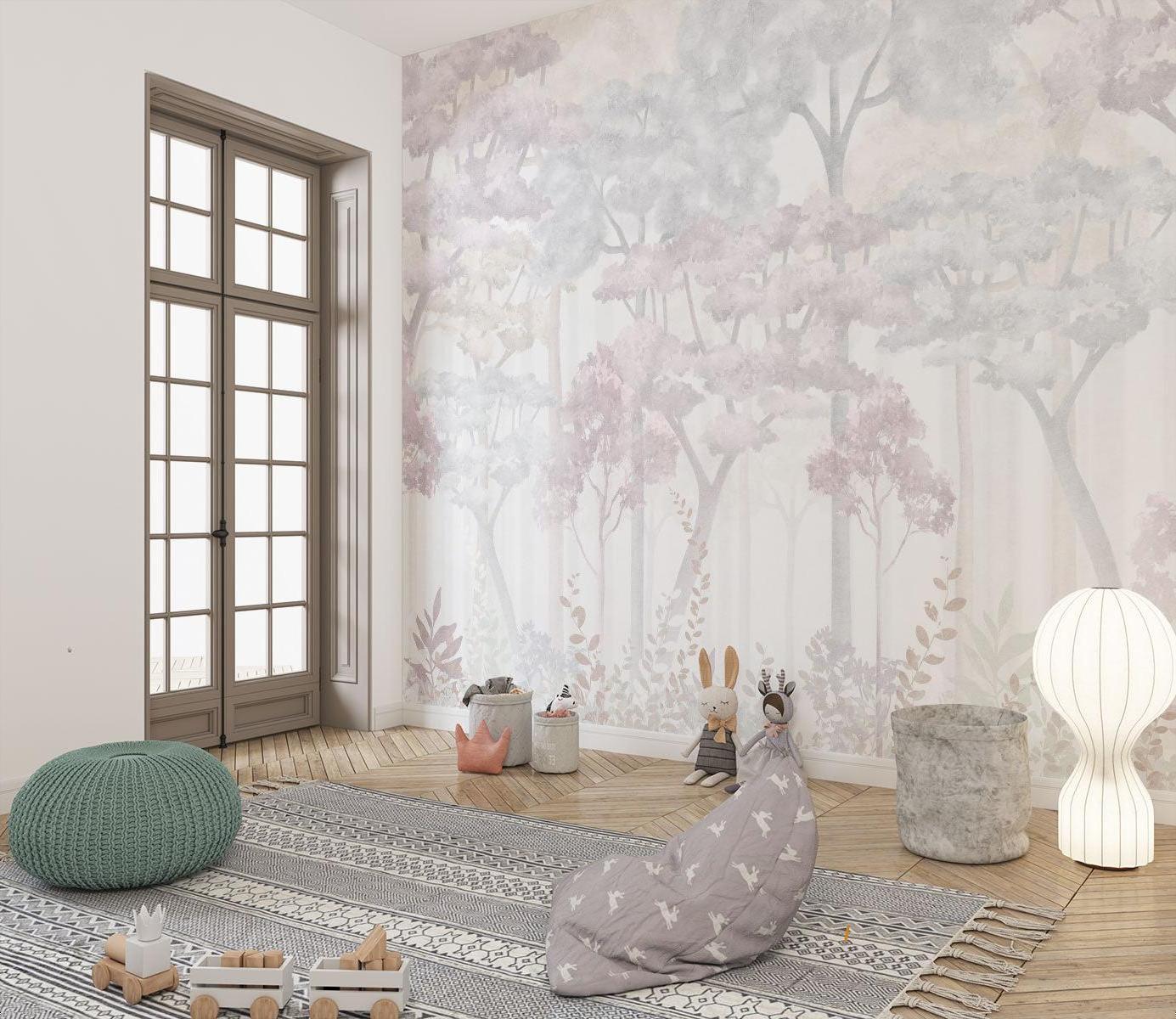 Forest Mural Wallpaper | Dreamy Pink and Grey Watercolor Trees